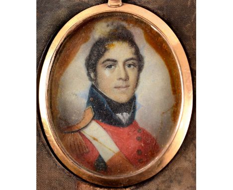 ENGLISH SCHOOL EARLY 19TH CENTURY Portrait of an officer wearing uniform, including red jacket, head & shoulders, on ivory, (