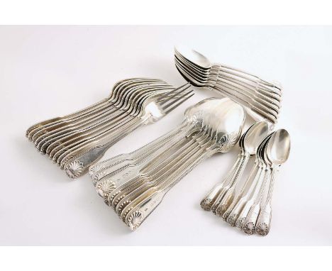 A VICTORIAN PART-SERVICE OF FIDDLE, THREAD & SHELL PATTERN FLATWARE (with Diamond Shell heel) including:- Ten table spoons, t