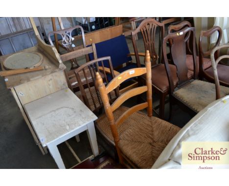 Four various chairs to include an Edwardian cane seated bedroom chair and mahogany dining chair and a rush seated ladder back