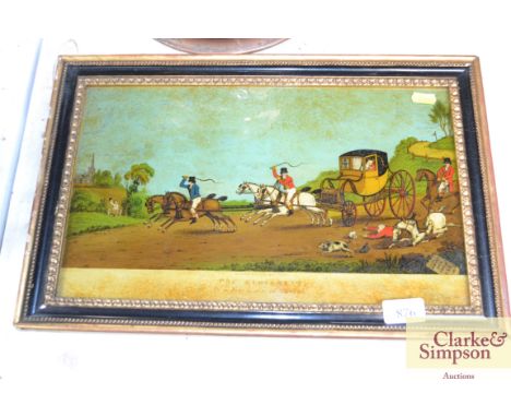 A reverse print on glass depicting a horse and carriage