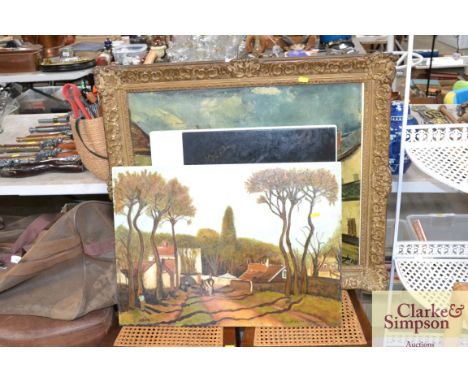 An oil on board study of horse and cart; a gilt framed colour print of a street scene etc