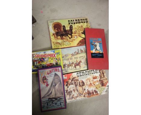 Five vintage board games including Goldrush by Condor, Battle of the Little Big Horn, Geronimo by Omnia, Grand Prix and Yacht