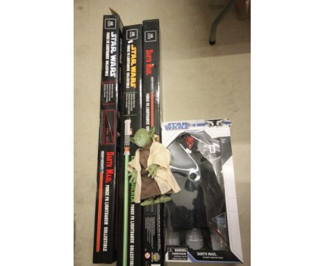 Boxed Diamond Select Toys Star Wars Ultimate Qyarter Scale Darth Maul figure plus a Hasbro 2005 Talking Yoda and three empty 