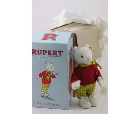 28cm Rupert Bear by Steiff ltd edn no 1582 of 3000 button and tag in ear with certifictae boxed, has outer box