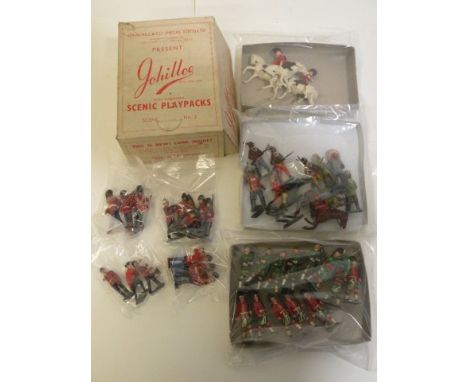 Scarce John Hill & Co Scenic Play pack No 2 in good condition with all flaps plus collection of vintage metal soldiers includ