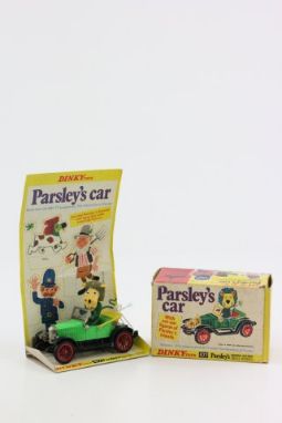 Boxed Dinky Toy No. 477 Parsley's Car (car in green and balck) complete with original inner cardboard display with cut out fi