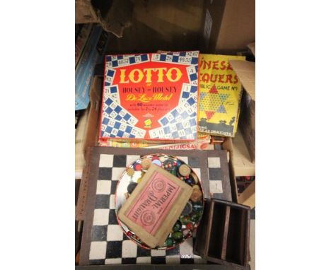 Collection of vintage games and toys including marbles, The Imperial Draughts (boxed), Dominoes etc