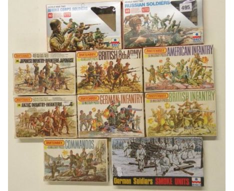 Seven boxed 1:72 Matchbox military plastic figures including British 8th Army, American Infantry, German Infantry, British In