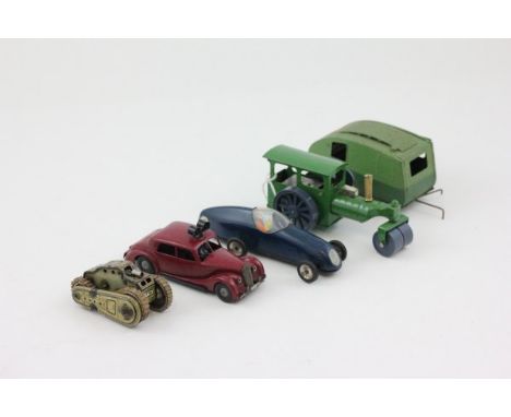 Five vintage tin plate vehicles including Minic 33M Steam Roller, Minic Racing Car, Lehamnn Gama Tank, Triang Minic Police Ca
