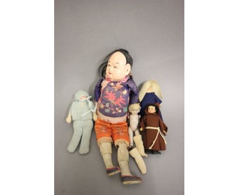Five vintage dolls circa 1920's including Oriental girl in traditional dress, damage to nose and four small cloth and porcela