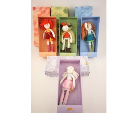 Four boxed Steiff Fairy dolls including Fire Fairy Runja, Earth Gnome Gobulus, Water Fairy Aeliu and Air Fairy Tara with yell