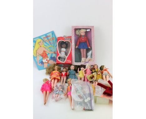 Collection of Dolls including Loose Mattel Tutti Doll in Polka Dot Dress, Two Spare Dresses and a Hanger, Three Loose Tressy 