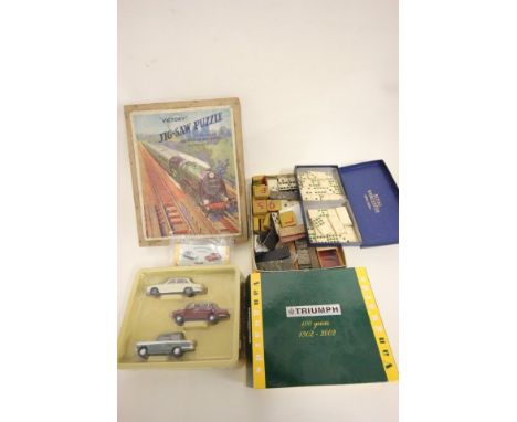 Two sets of vintage dominoes, boxed Victory Southern Railway jigsaw puzzle etc plus a boxed Vanguards Triumph 100 Years 1902-