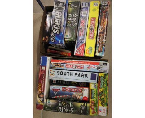 Two boxes of TV related board games including Teenage Mutant Ninja Turtles x 2, Lord of The Rings, Batman, Babylon 5, James B