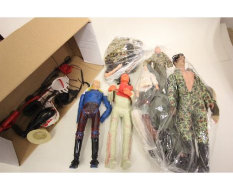 Eight Action Man, Lone Ranger Marx and other vintage military dolls with accessories