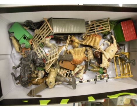Quantity of vintage metal farming figures and accessories including Britains