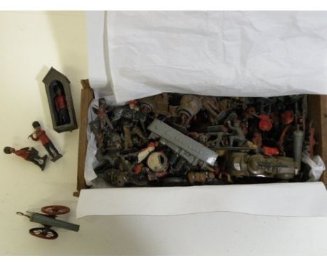Collection of approximately 100 vintage play worn metal soldiers, accessories and military vehicles including Britains
