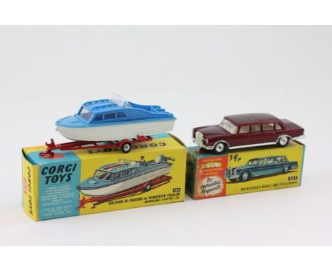 Boxed Corgi 104 Dolphin 20 Cruiser on Wincheon Trailer (engine loose, roof decal missing) and boxed Corgi 247 Mercedes Benz 6