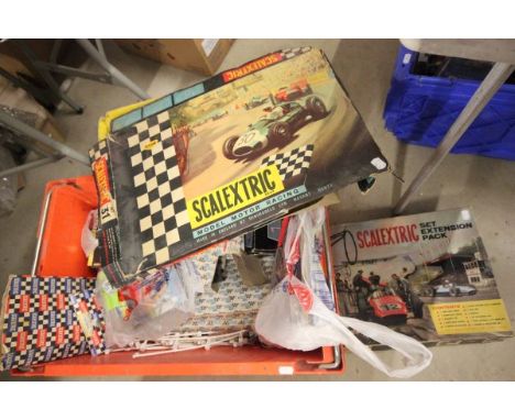 Collection of vintage Scalextric accessories including boxed Set Extension Pack HP/1, boxed roadside accessories, track etc