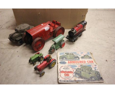 Mixed Lot comprising Hornby O Gauge Engine, Tri-ang Minic Armoured Car with Leaflet, Tri-ang Tractor No. 2, Dinky Tractor, Di