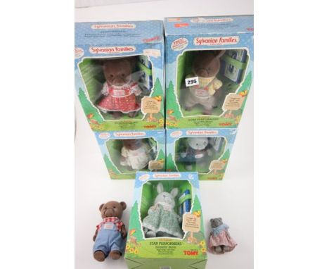 Five original boxed Tomy Sylvanian Families Performers and Star Performers plus one lose and a vintage musical bear figure