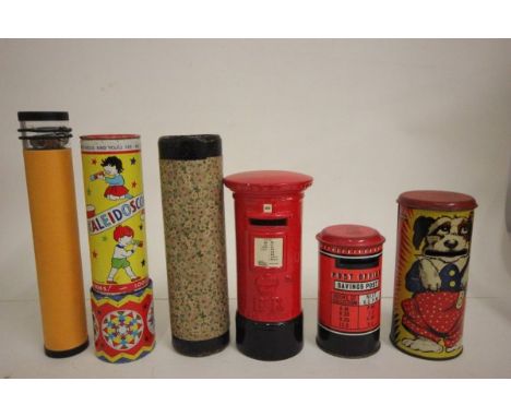Three Postbox Moneyboxes (Tin Happynak, Tin DBS and a Ceramic) plus Two Kaleidoscopes and a Marblescope