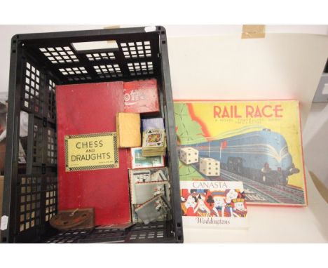 Collection of vintage games and playing cards including boxed Spears Rail Race
