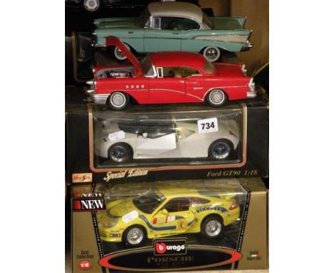 Two boxed Maisto Special Edition Cars (Ford GT90 and Jag XJ20), Boxed Burago Porsche and Bugatti Atlantic, Three Other Boxed 