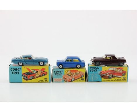 Three boxed Corgi die-cast vehicles including 241 Ghia L.6.4 in metallic silver blue with cream engine, box vg.  259 'Le Dand