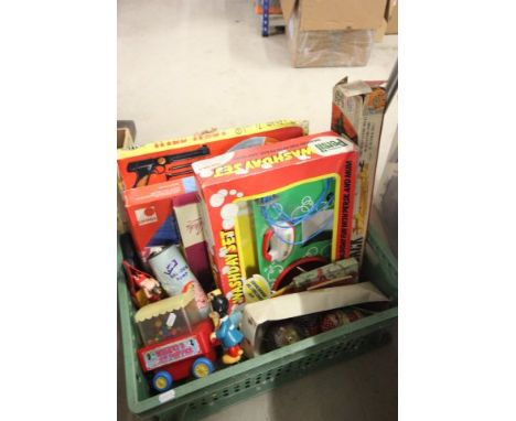 Collection of various vintage toys including boxed Triang Kick Back, Mickey's Corn Popper, boxed Mettoy Wild West Spin Darts,