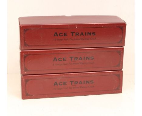 ACE Trains: A collection of three boxed ACE Trains, O Gauge, LMS Corridor Coaches, comprising: 1st/3rd; 3rd; and 3rd Brake. O