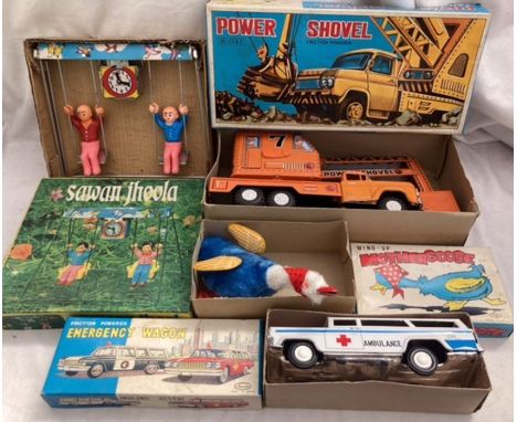 Tinplate: A collection of assorted vintage tinplate to include Power Shovel, Emergency Wagon, Moth Goose, Sawan Jhoola (Child