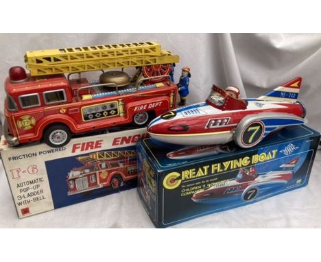Tinplate: A vintage tinplate Fire Engine with friction motor, ‘K’ (Kokyu) Japan. Together with a boxed Great Flying Boat ref: