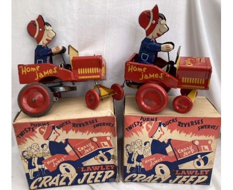 Tinplate: A vintage clockwork tinplate ‘Crazy Jeep’ x 2, made in England by Lawley Toys, one is complete but spring needs att