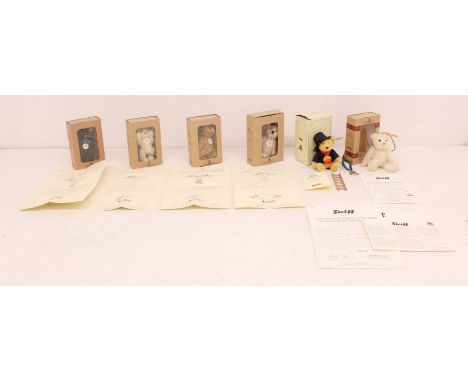 Steiff: A collection of six Steiff miniature bears, five boxed, including: Royal Crown Derby Christmas Ornament, Club Gift 20