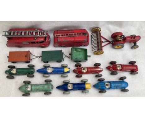 Diecast: A collection of assorted diecast vehicles to include: Dinky, seven Dinky Racers, two Fire Engines, Tractor with hay 
