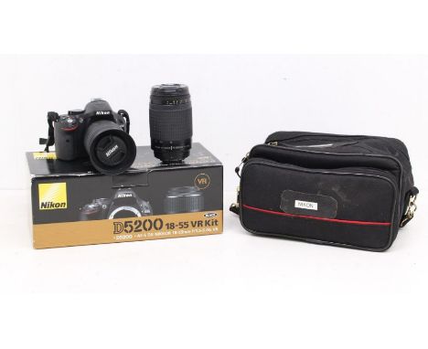 Nikon: A boxed Nikon D5200 camera body, 4438338, appears visually in good order, in need of a clean, untested for working ord