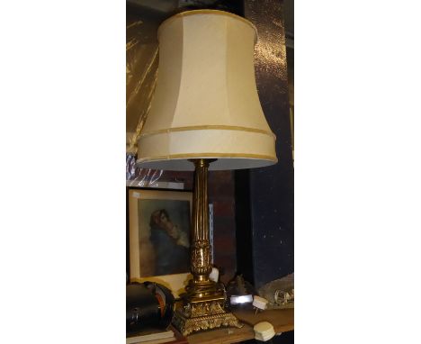 A brass Table Lamp with classical column and square base, complete with shade. 