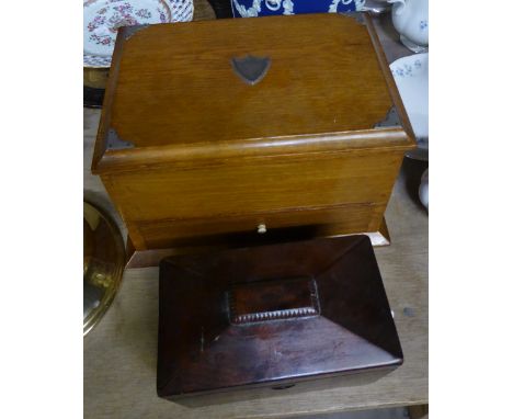 A 19th century mahogany sarcophagus shape Tea Caddy and an oak sewing box. 