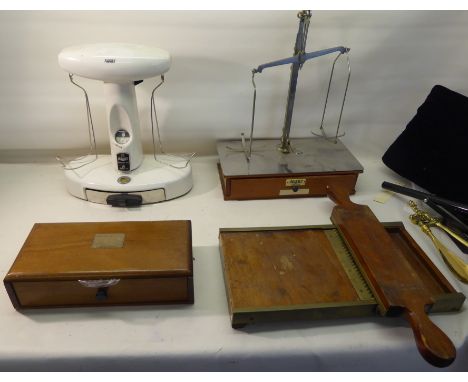 A mahogany Pill Roller, two sets of Avery chemist scales etc. 