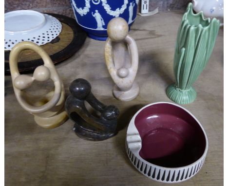 A Hornsea pottery Ashtray with red colour inlay, Sylvac leaf moulded vase, and other items. 