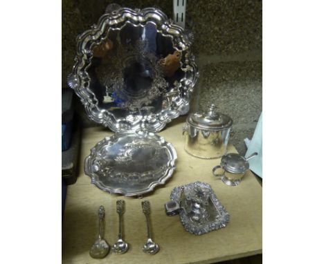 An engraved plated circular Salver, 12" (31cms) diameter; a plated card tray, 8" (20cms) diameter; plated oval tea caddy, pla