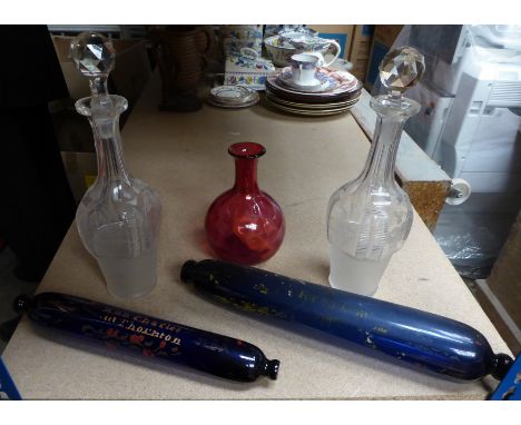 A blue glass Rolling Pin inscribed "Ann Charles Thornton", another inscribed "For My Love", a pair of etched glass decanters 