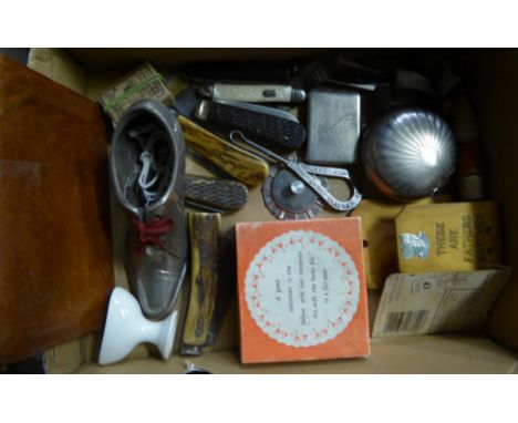 A box of miscellaneous items including six Penknives, button hook, ceramic eye bath, etc.  