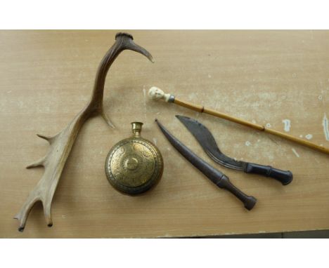 A small Kukri, Turkish Knife, Walking Stick with ivory head pommel, brass Flask, and an Antler.