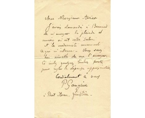 GAUGUIN PAUL: (1848-1903) French Post-Impressionist painter. A.L.S., P Gauguin, one page, 8vo, Finistere (Breton), n.d. (c.18