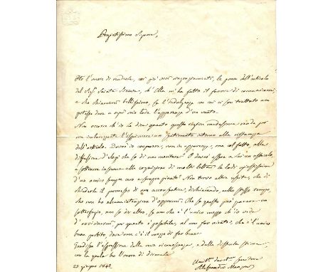 MANZONI ALESSANDRO: (1785-1873) Italian poet, novelist and philosopher. A fine A.L.S., Alessandro Manzoni, one page, large 4t