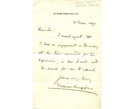 HUGGINS WILLIAM: (1824-1910) British astronomer. A.L.S., William Huggins, one page, 8vo, Upper Tulse Hill, London, 20th June 