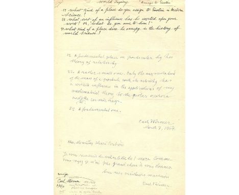 STORMER CARL: (1874-1957) Norwegian mathematician and astrophysicist. Manuscript D.S., Carl Stormer, one page, 4to, n.p., 7th