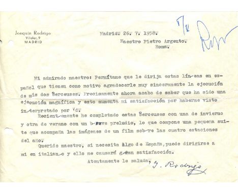 [RODRIGO JOAQUIN]: (1901-1999) Spanish composer and pianist. T.L.S., J. Rodrigo, on the blind composer's behalf by his wife, 